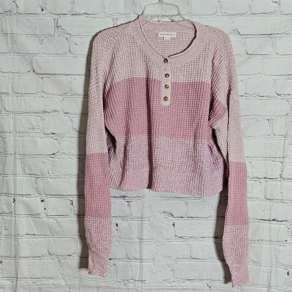 Aeropostale Womens Size M Knit Crop Long Sleeve Sweater Soft Cozy V-Neck Pink